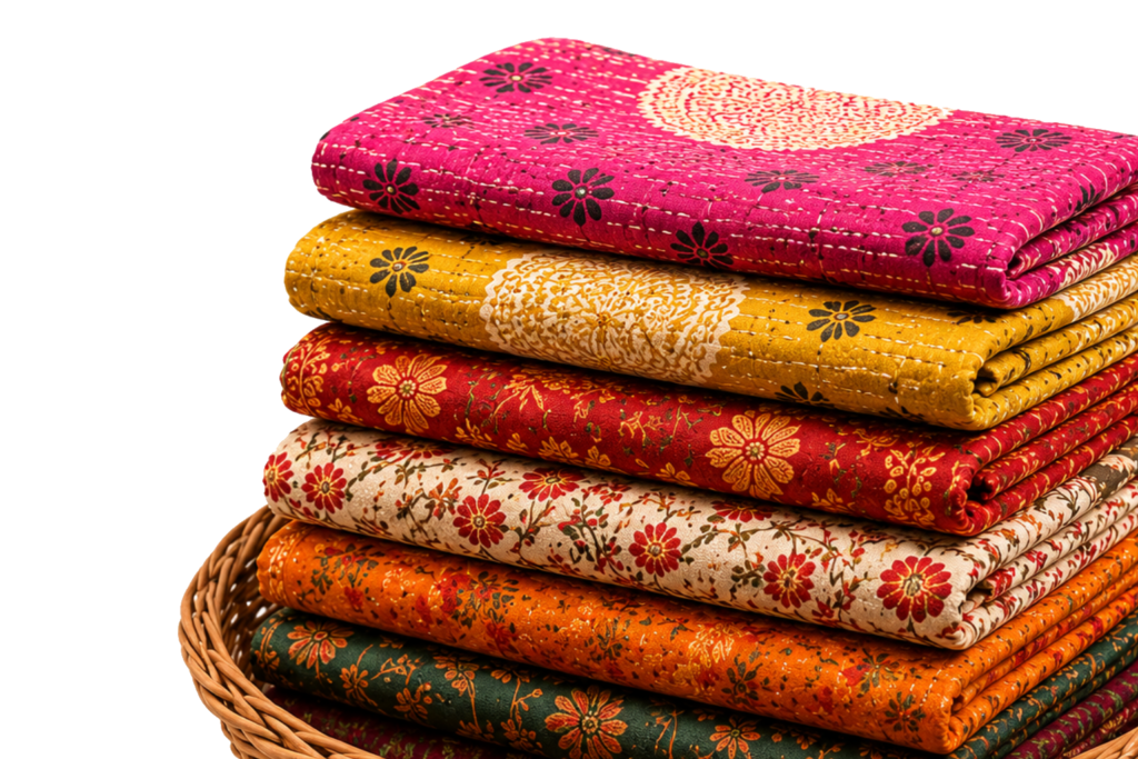 Kantha throws folded in a wicker basket