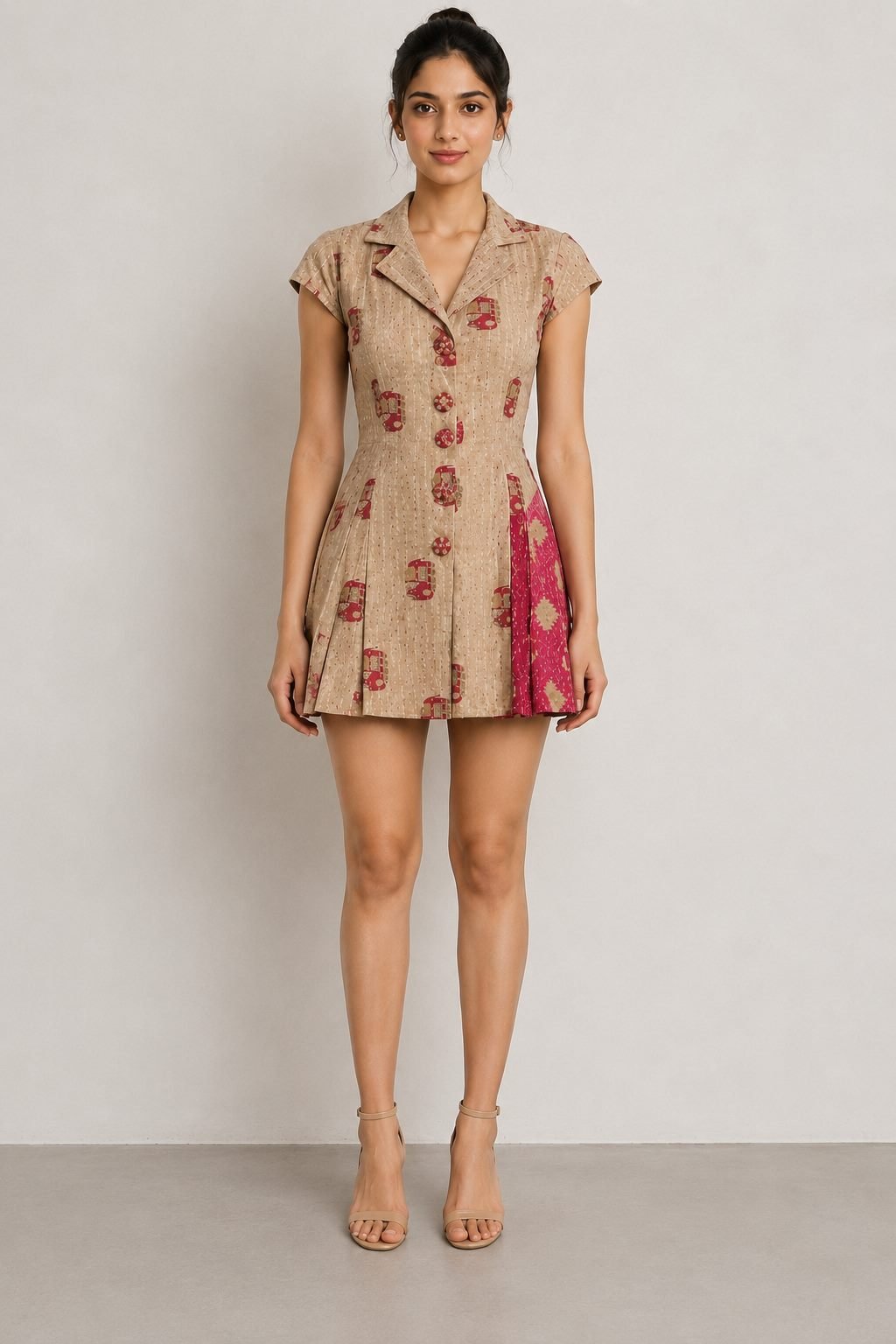 Kantha Shirt Dress - Beige &