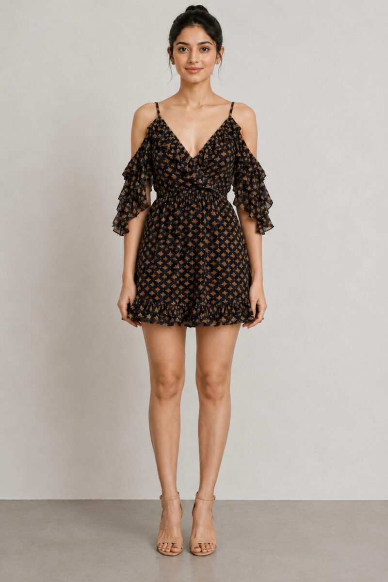 Ruffle Cold-Shoulder Dress - Black Buti