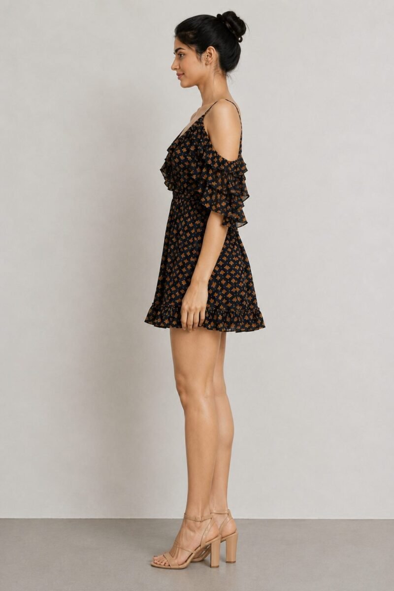 Ruffle Cold-Shoulder Dress - Black Buti