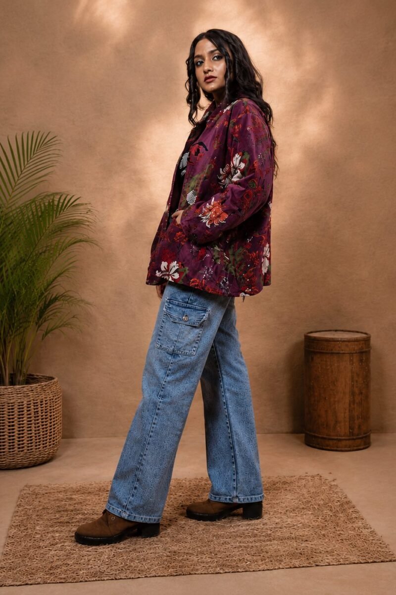 Floral Quilted Velvet Jacket - Wine
