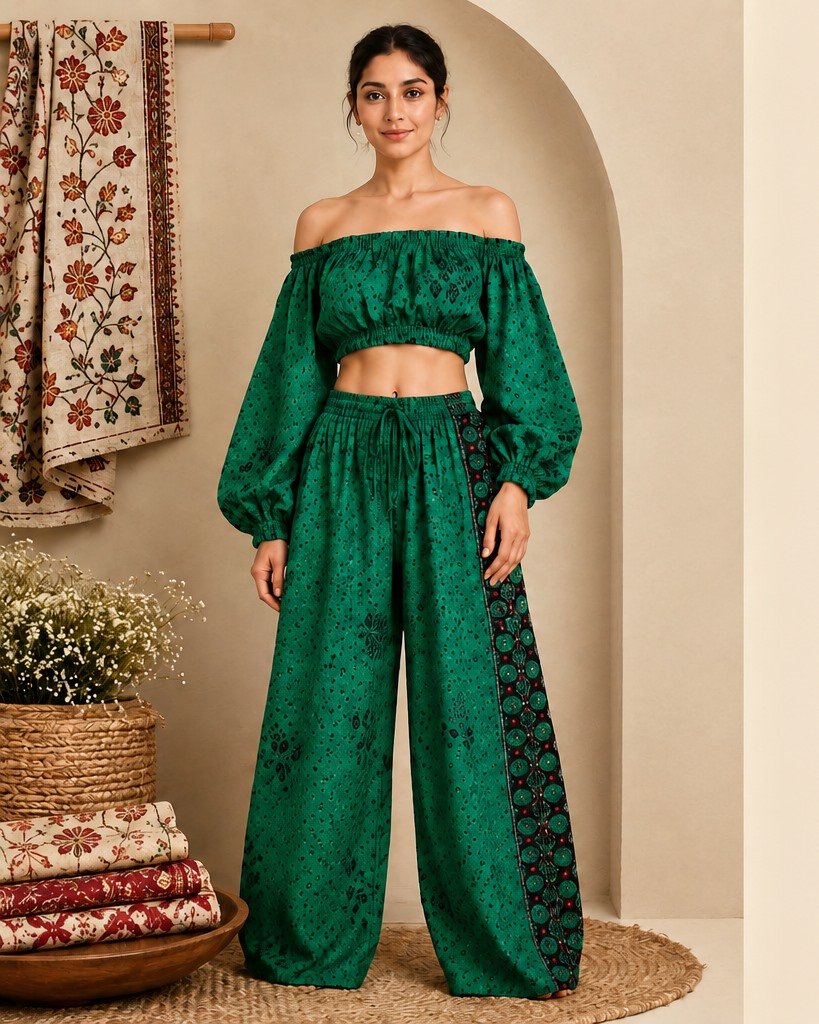 Model in a vintage kantha fabric green co-ord beside folded Kantha throws