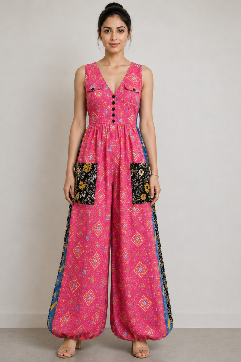 Sleeveless V-Neck Jumpsuit with Wide Leg Pants