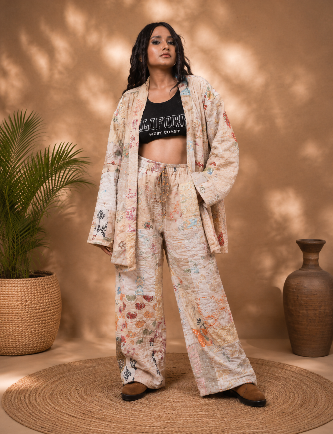 Kantha Kimono Jacket + Wide Leg Pants corset