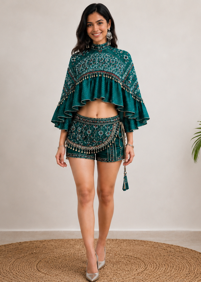 Cape Crop Top with Tasseled Shorts Co-ord Set
