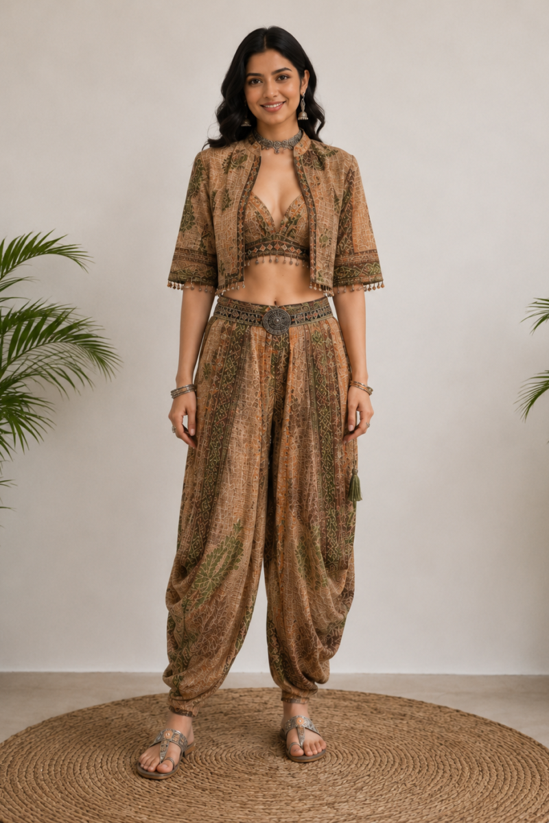 3-Piece Indo-Western Set - Crop Bralette + Cape Jacket + Harem Pants