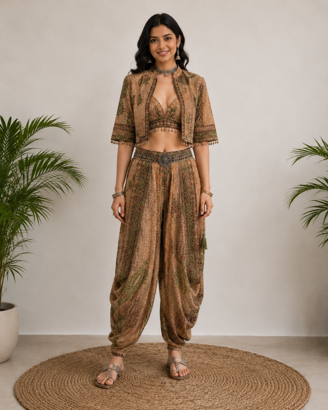 3-Piece Indo-Western Set - Crop Bralette + Cape Jacket + Harem Pants