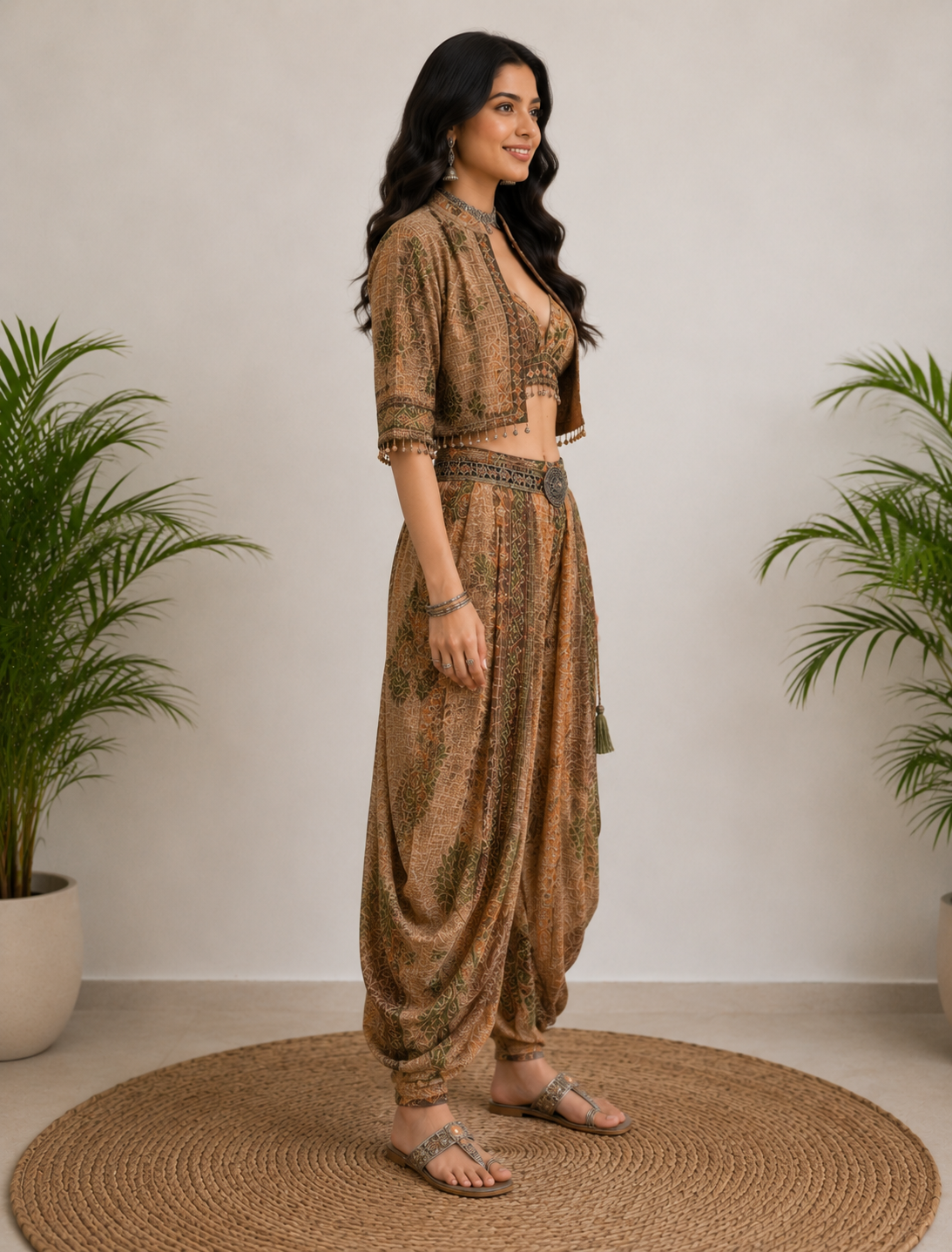 3-Piece Indo-Western Set - Crop Bralette + Cape Jacket + Harem Pants - Image 2