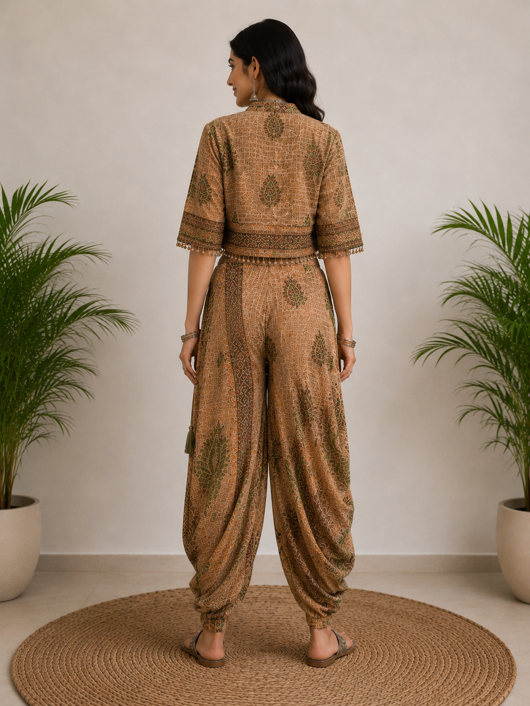 3-Piece Indo-Western Set - Crop Bralette + Cape Jacket + Harem Pants - Image 3