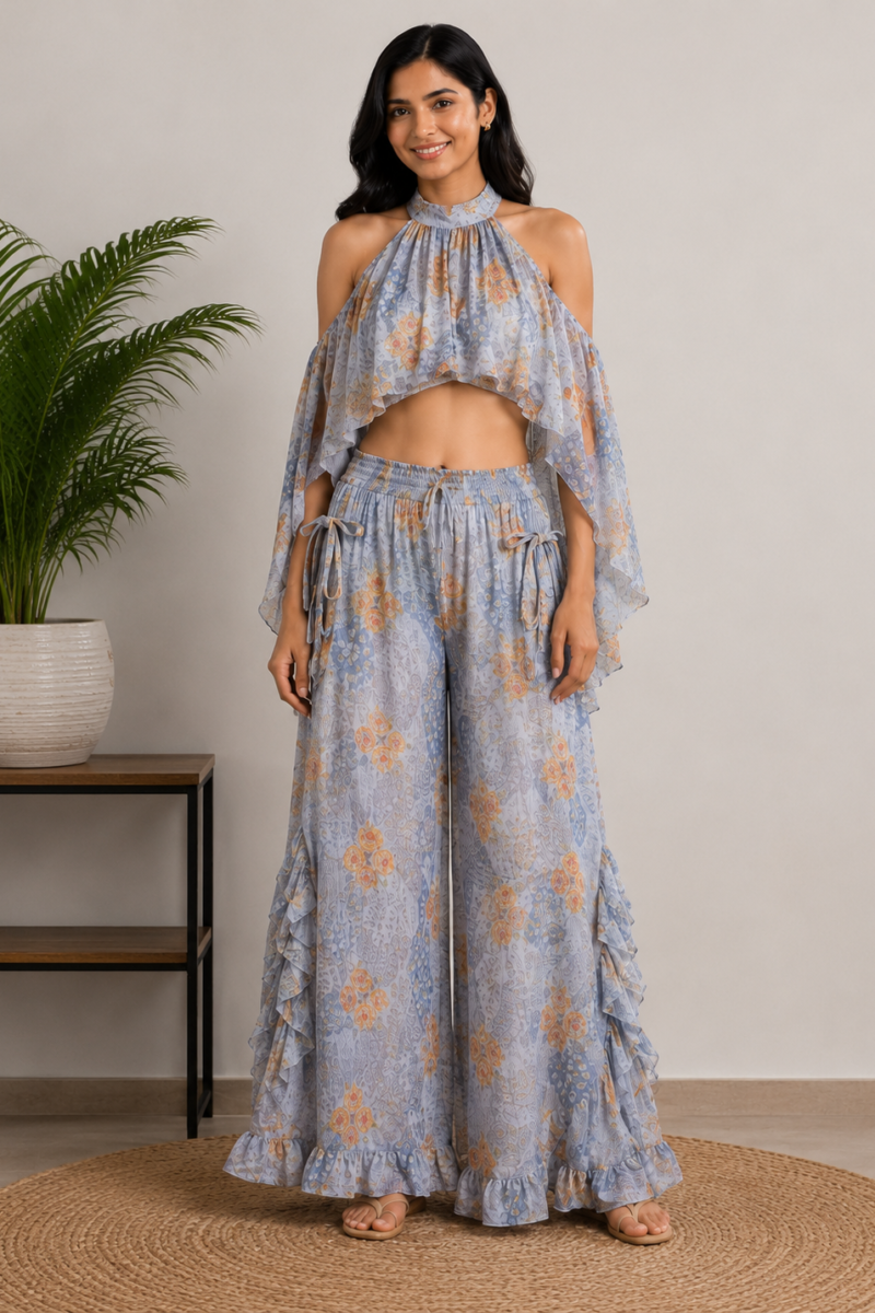 Halter Cape Crop Top with Ruffle Palazzo Pants