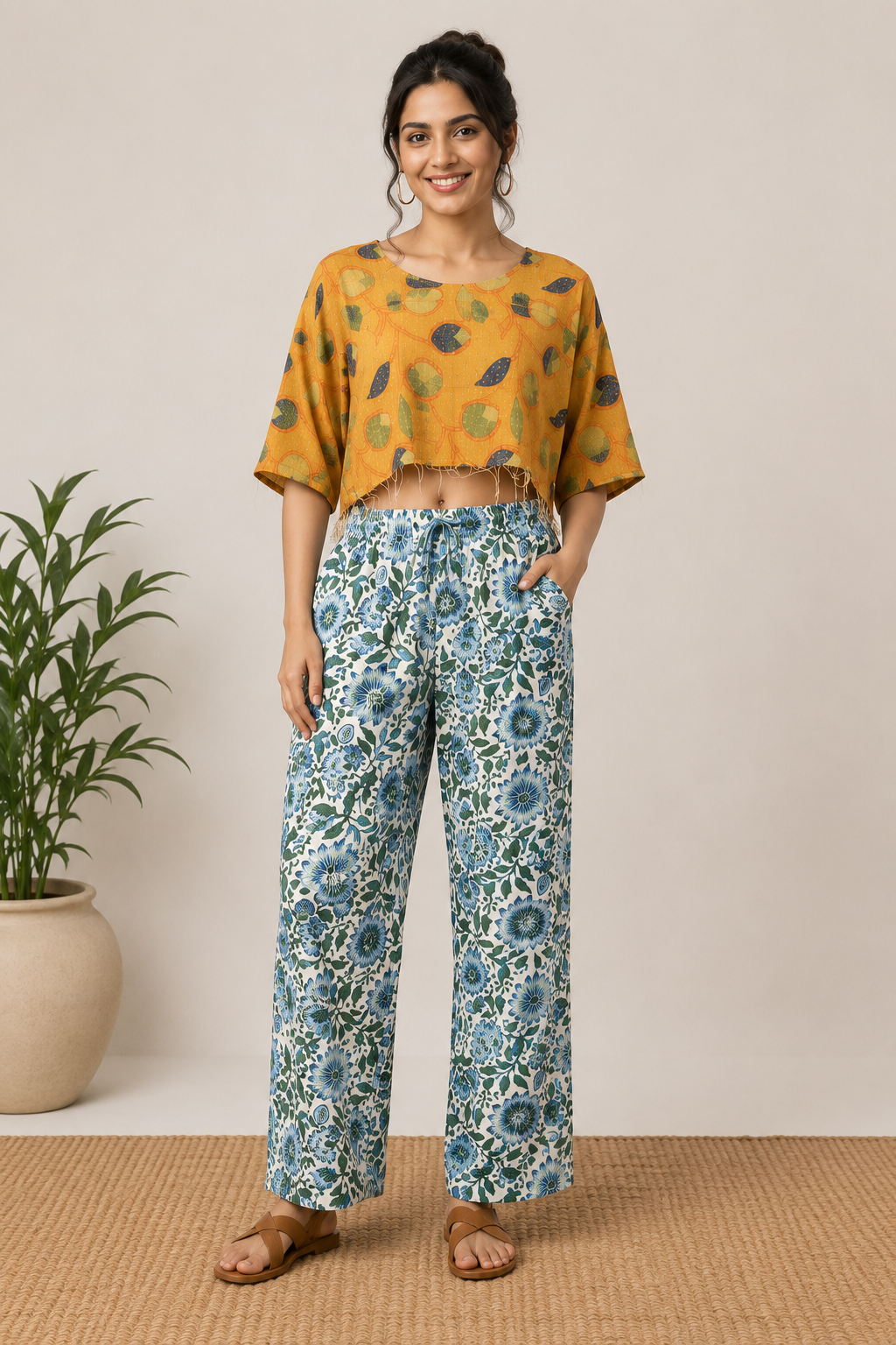 Crop Top with Floral Palazzo Pants