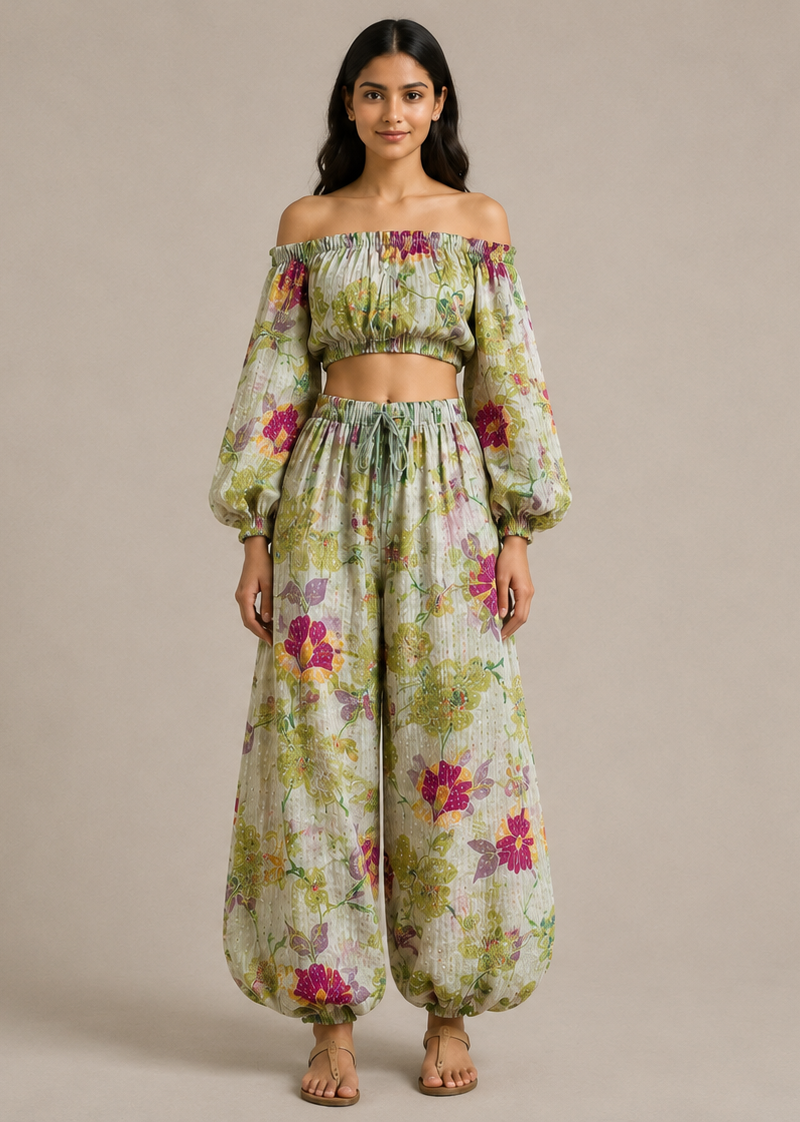 Off-Shoulder Crop Top with Balloon Pants