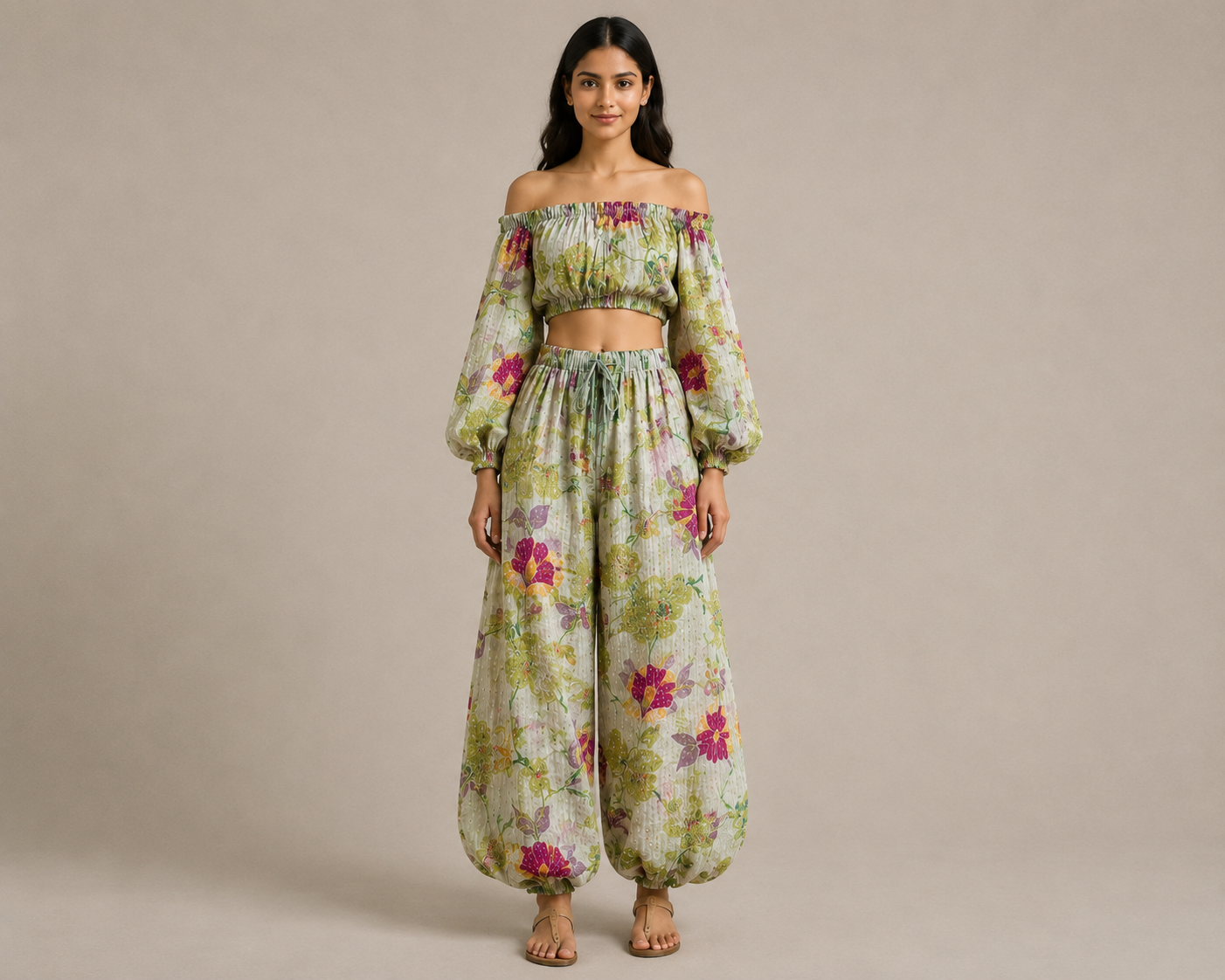 Off-Shoulder Crop Top with Balloon Pants