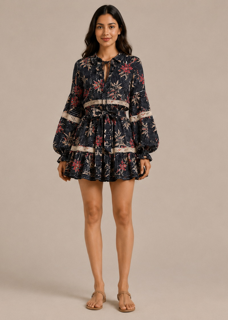 Tiered Belted Mini Dress with Bell Sleeves