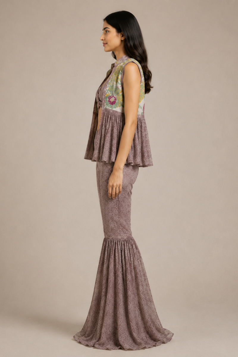 3-Piece Fusion Set with Floral Jacket and Flared Pants