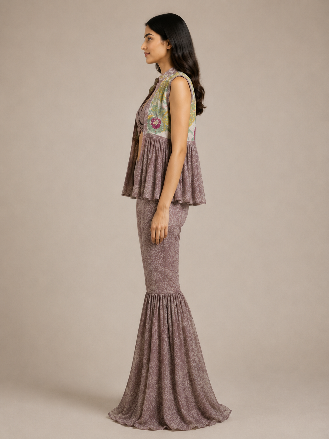 3-Piece Fusion Set with Floral Jacket and Flared Pants