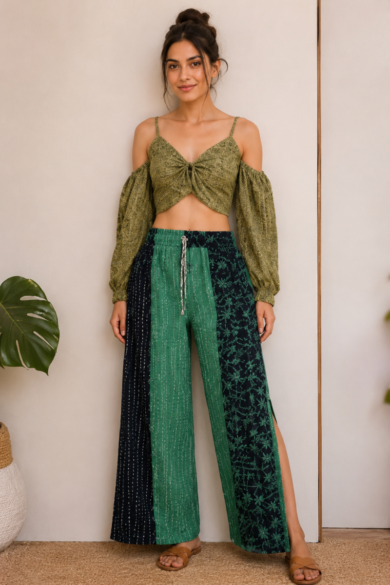 Off-Shoulder Knot Crop Top with Slit Palazzo Pants