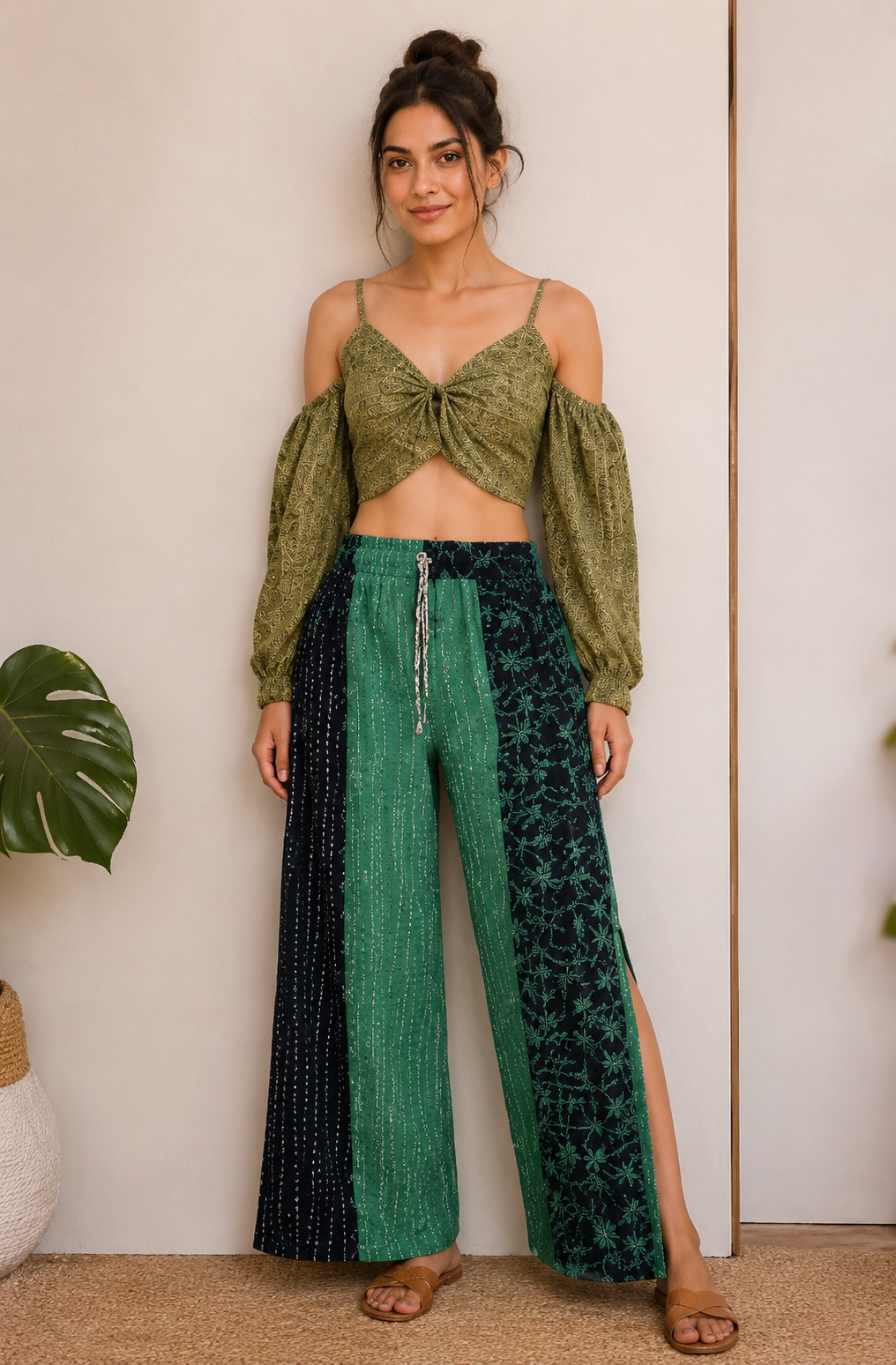 Off-Shoulder Knot Crop Top with Slit Palazzo Pants