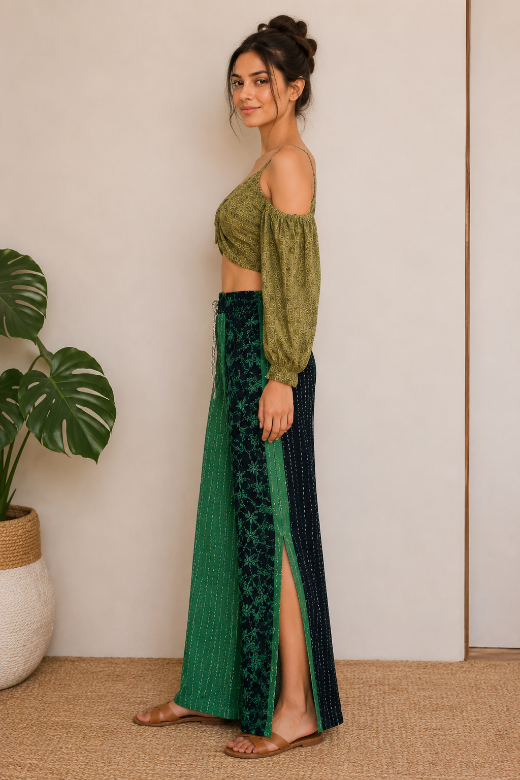 Off-Shoulder Knot Crop Top with Slit Palazzo Pants - Image 2
