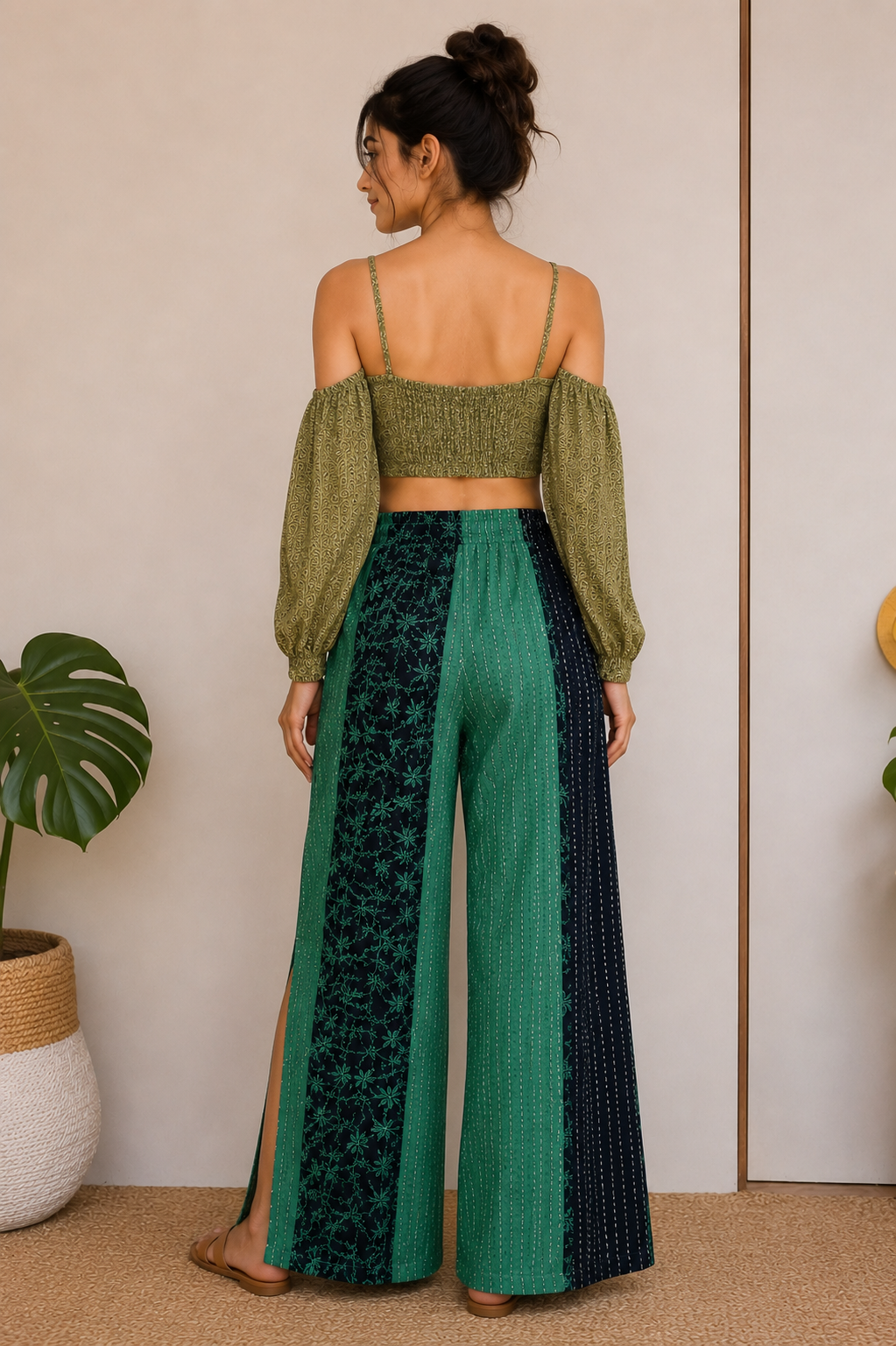 Off-Shoulder Knot Crop Top with Slit Palazzo Pants - Image 3
