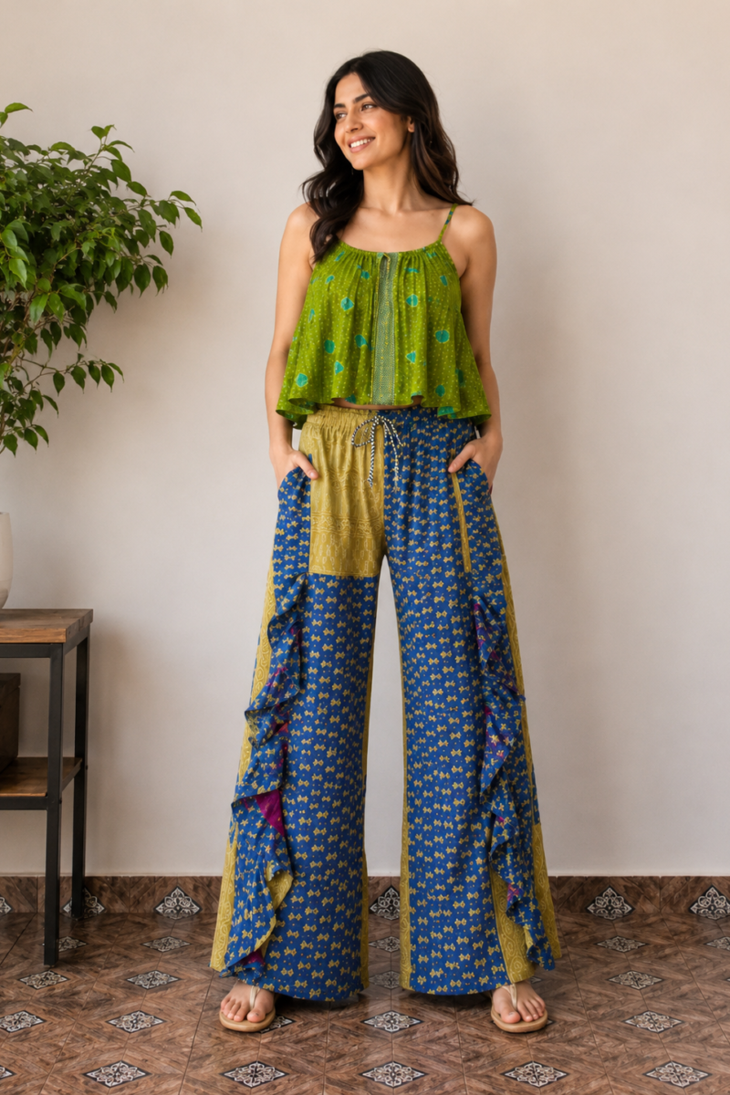 Kantha Crop Top with Frill Palazzo Pants