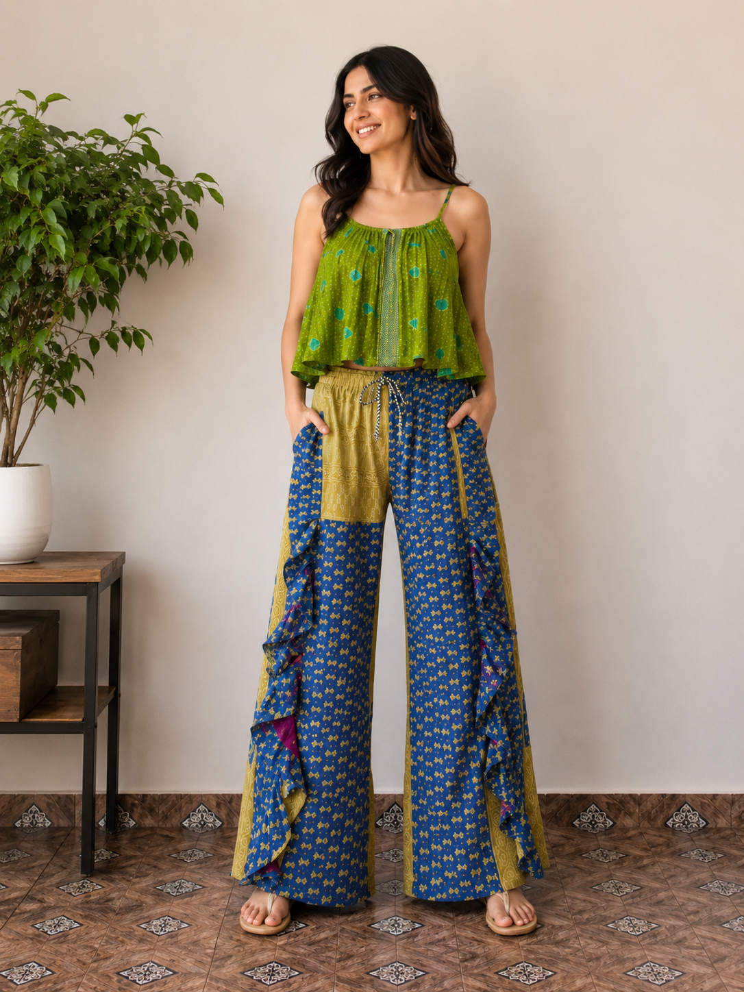 Kantha Crop Top with Frill Palazzo Pants