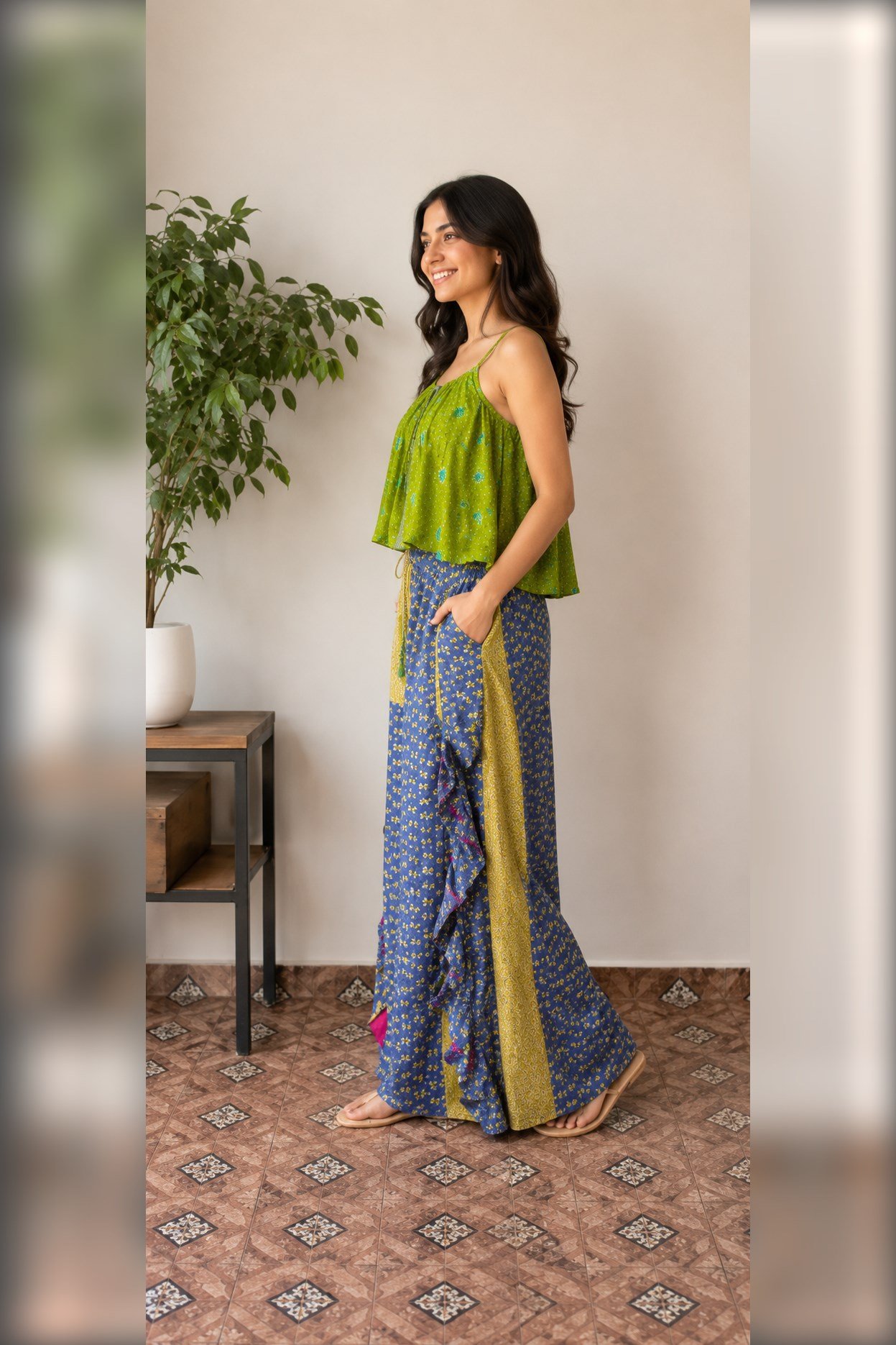Kantha Crop Top with Frill Palazzo Pants - Image 2